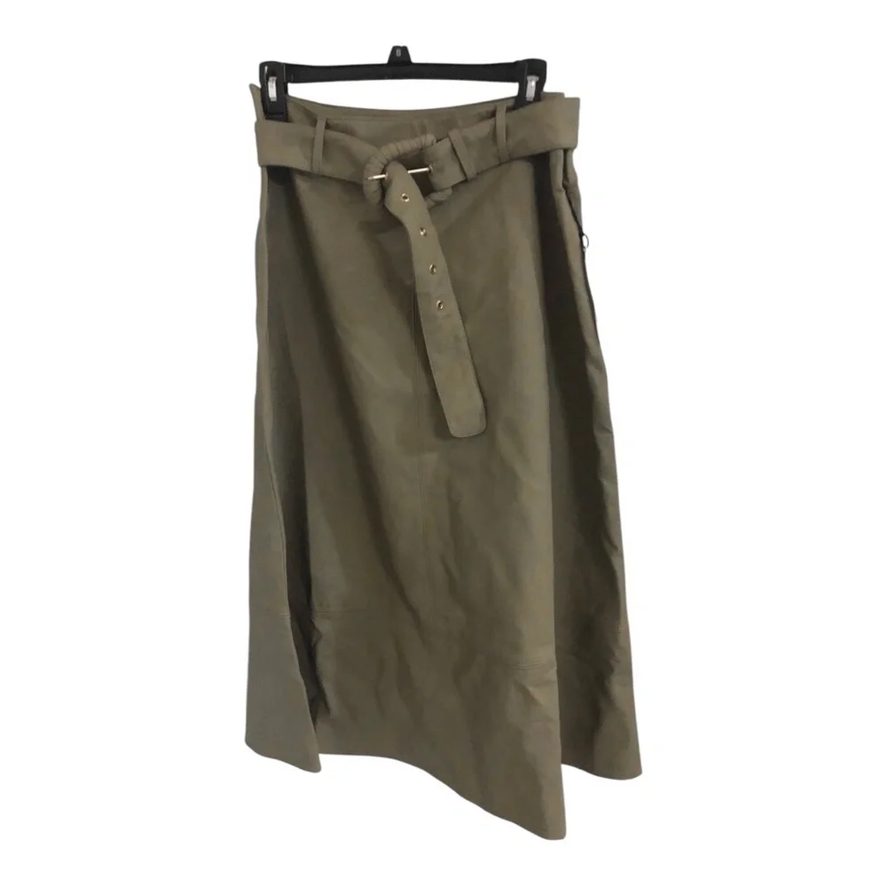 Haute Monde olive green leather look fit and flare belted skirt size large new‎